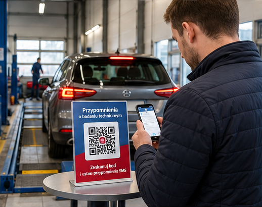 Fotorealistyczna ilustracja wnętrza SKP: samochód na linii diagnostycznej, obok stolik ze standem A4 i klient skanujący kod QR smartfonem.